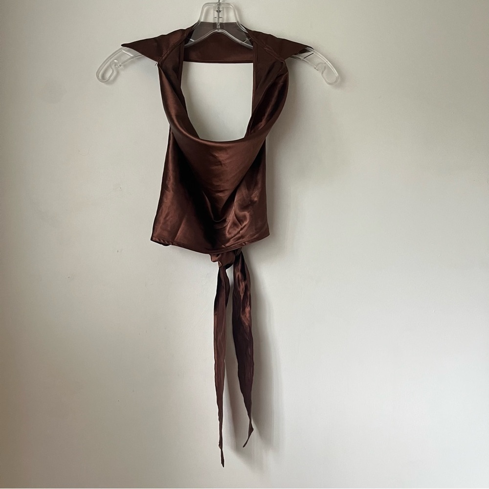 Princess Polly Devi Brown Satin Halter Crop Top 2